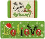 Grinch Christmas Decorations Kitchen Rugs and Mats Set of 2, The Grinch Decor of Winter Holiday Party and Home Kitchen, Non-Slip, Washable, Stain and Fade Resistant, Size (17x30 and 17x47 inch)