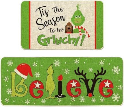 Grinch Christmas Decorations Kitchen Rugs and Mats Set of 2, The Grinch Decor of Winter Holiday Party and Home Kitchen, Non-Slip, Washable, Stain and Fade Resistant, Size (17x30 and 17x47 inch)