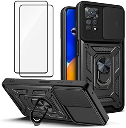 Guizzcg for Xiaomi Redmi Note 12 Pro 4G / Redmi Note 11 Pro 4G&5G Case, Slide Lens Camera Cover Protection, 360 Degree Rotate Kickstand & 2 Tempered Films, Drop-Resistant, Black
