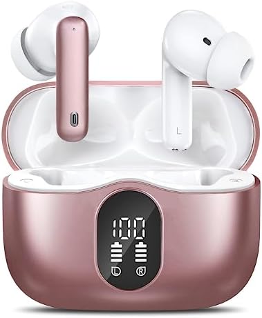HISOOS Wireless Earbuds Bluetooth Headphones LED Power Display Earphones Active Noise Cancelling Earbuds Hi-Fi Stereo Sound Ear Buds in-Ear Headphones Air Buds with Charging Case (Rose Gold)