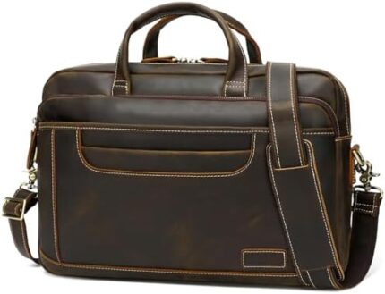 Hespary Full Grain Leather Briefcase For Men 17 Inch Laptop Shoulder Crossbody Messenger Bag Laptop Case Computer Bag Office Work Travel Business