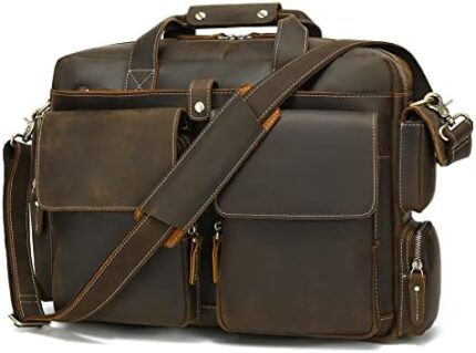 Hespary Full Grain Leather Briefcase Messenger Laptop Bag For Men Up To 17" Work Business Travel