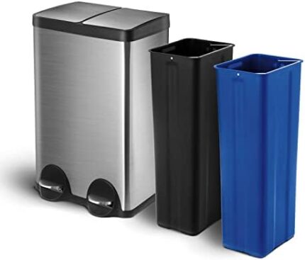 Home Zone Living 15.8 Gallon Kitchen Trash Can, Dual Removable Liners for Recycling and Trash, Wide Stainless Steel Shape (7.9 + 7.9 for 15.8 Gallon Total)