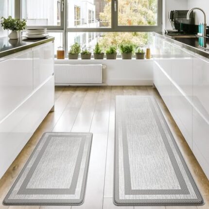 Homergy Anti Fatigue Kitchen Mats for Floor 2 PCS, Memory Foam Cushioned Rugs, Comfort Standing Desk Mats for Office, Home, Laundry Room, Waterproof & Ergonomic, 17.3×30.3 & 17.3×59, Fabric Grey