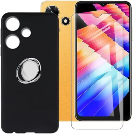 Ikiiqii Cover for Infinix Hot 30i (6.56") Phone Case + Screen Protector, Black Silicone Case, Shockproof Protective Case with Phone Ring Holder Adjustable 360°-Black