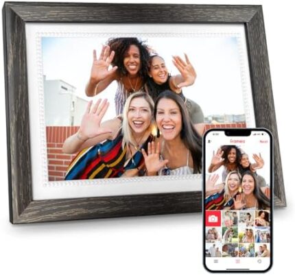 Jazeyeah Digital Picture Frame, 10.1 Inch Frameo Smart WiFi Electronic Photo Frame Slideshow with Built-in 32GB Storage, 1280 x 800 IPS HD Touch Screen, Easy Photos Video Sharing via App, Wood Grain