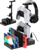 KAFRI Universal Stand for Headphone and Controller, Desk Gaming Headset Holder with USB A&C Chargers and 2 Outlets, Storage Organizer for Switch/Phone/iPad, Desktop Gamer Accessories Boyfriend Gifts