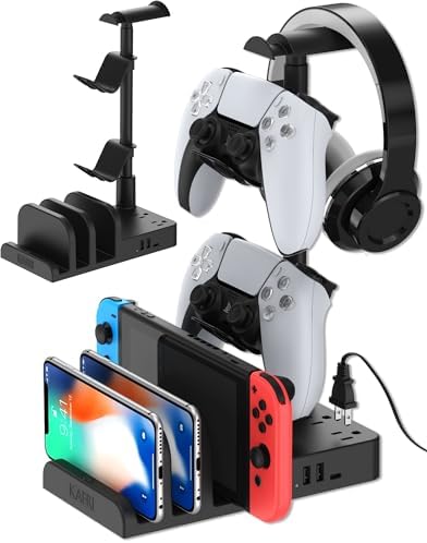 KAFRI Universal Stand for Headphone and Controller, Desk Gaming Headset Holder with USB A&C Chargers and 2 Outlets, Storage Organizer for Switch/Phone/iPad, Desktop Gamer Accessories Boyfriend Gifts