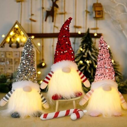 KAHF 3Pcs Christmas Gnomes Gift Plush with Light, 12" Handmade Swedish Santa Gnomes Plush Sequin Hat Christmas Decor at Night Elf Christmas Decorations Indoor Gift Xmas Table Decor