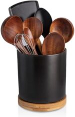 KITCHENLESTAR 360° Rotating Utensil Holder, 6" Large Utensil Crock, White Ceramic Cooking Utensil Organizer with Countertop-Protection Cork Bottom for Farmhouse Kitchen Decor Gift (Black)
