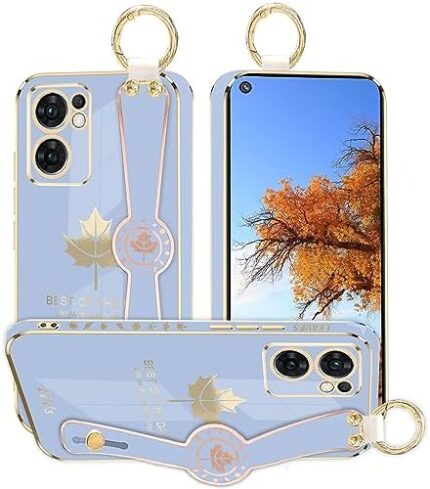 Kainevy Phone Case for Oppo Reno 7 5G Case Aesthetic Silicone Shockproof for Women Protector Cover Oppo Reno 7 5G Phone Case Slim with Ring Wrist Starp Maple Leaf Pattern Design (Grey)