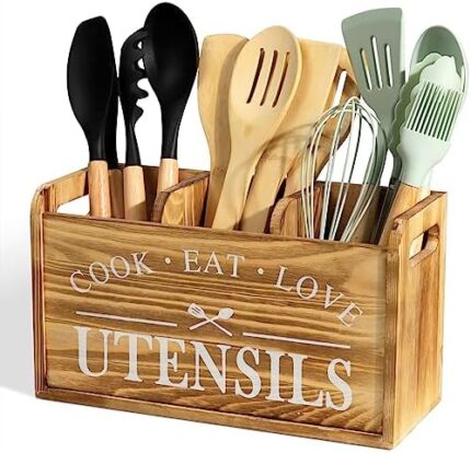 Kitchen Utensil Holder for Countertop, Large Rustic Wooden Farmhouse Cooking Utensil Organizer for Kitchen Counter, 3 Compartments Solid Wood Utensil Holders Spoon Holder Storage for Home Decor