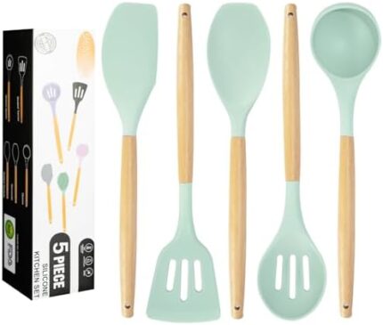 Kitchen Utensils Set, 5 Pcs Non-Stick Silicone Kitchen Cooking Utensils with Wooden Handle, Kitchen Spatula Cookware Utensils Set, Heat Resistant Silicone Kitchen Gadgets (Light Green)
