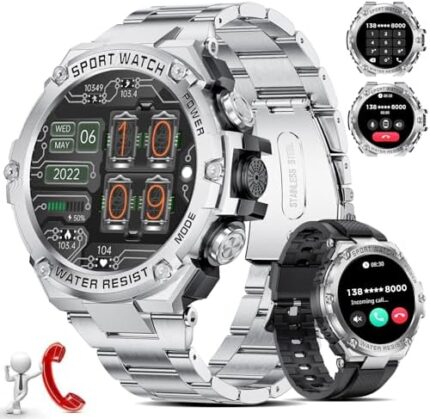 LIGE Smartwatch for Men Rugged Make Call with Big 1.5 Inch Touch Screen 800 mAh Long-Lasting Battery IP68 Waterproof Fitness Tracker Heart Rate Android iOS Military Smart Watch for Men