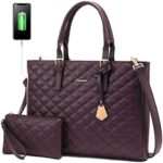 LOVEVOOK Laptop Bag for Women, Work Tote Bag Quilted Leather Computer Shoulder Bag, 15.6 inch Laptop Tote Purse Set, Waterproof Business Briefcase Handbag 2 PCS for Office,Teacher Purple