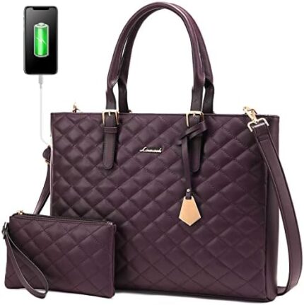 LOVEVOOK Laptop Bag for Women, Work Tote Bag Quilted Leather Computer Shoulder Bag, 15.6 inch Laptop Tote Purse Set, Waterproof Business Briefcase Handbag 2 PCS for Office,Teacher Purple