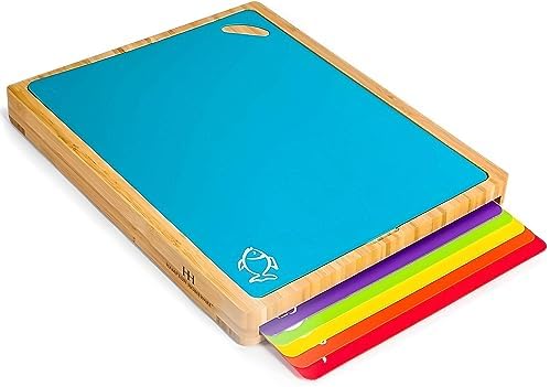 Large Bamboo Wood Cutting Board Set with 6 Color-Coded Flexible Large Bamboo Wood Cutting Board Set with 6 Color-Coded Flexible Cutting Mats with Food Icons to Prevent Cross-Contamination - Ultimate Culinary Chopping Board Set