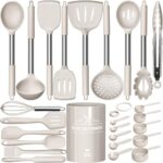 Large Silicone Kitchen Utensils Set, Umite Chef Heat Resistant Cooking Utensil with Stainless Steel Handle, Spatula, Spoon, Khaki Silicone Cooking Utensil for Nonstick Cookware, Dishwasher Safe