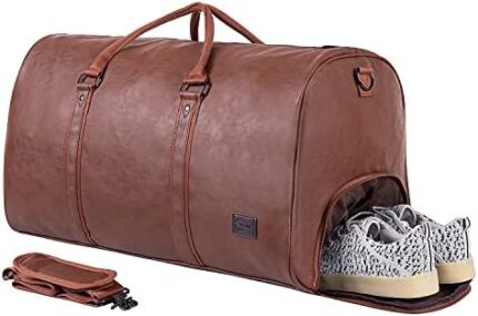 Leather Travel Bag with Shoe Pouch, Large Carry on Bag Gym Duffel Bag,Waterproof Weekender Bag for Women Overnight Bag for Men-Brown