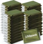 Macarrie 150 Pack Emergency Thermal Blankets Silver Foil Survival Blanket Space Blanket Survival Kit for Outdoors, Camping, Hiking, Homeless, Survival or First Aid, Army Green