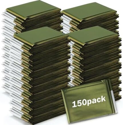 Macarrie 150 Pack Emergency Thermal Blankets Silver Foil Survival Blanket Space Blanket Survival Kit for Outdoors, Camping, Hiking, Homeless, Survival or First Aid, Army Green