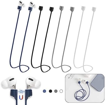 Magnetic Anti-Lost Straps for AirPods,4 Pack Ultra Strong Magnetic AirPods Strap Anti-Lost Neck Rope Cord,Soft Silicone Sports Lanyard Compatible with AirPods 1&2/ Pro /2nd/3rd (Black/White/Grey/Blue)