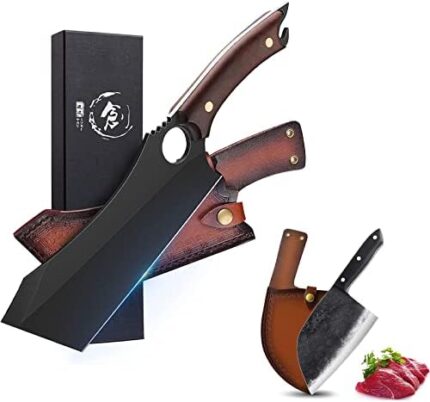 Meat Cleaver, 10 inch Black Meat Cleaver Boning Knife, Chef Chopping Butcher Cooking Knife, High Carbon Steel Sharp Kitchen Viking Knife with Sheath Gift Box Bottle Opener for Outdoor BBQ Camping