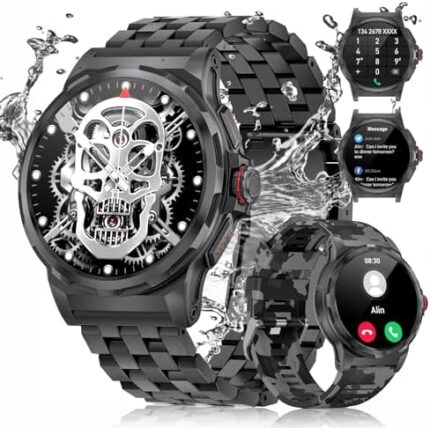 Military Smart Watch for Men with Text and Call, 1.43'' AMOLED Fitness Tracker Watch 129+Sports Modes/Blood Pressure/SpO2/Heart Rate Monitor/IP68 Waterproof, Outdoors Sport Smartwatch for Android iOS