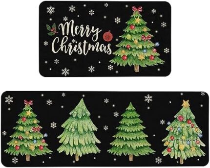 Mloabuc Merry Christmas Kitchen Mats Set of 2, Anti Fatigue Waterproof Stain Resistant Floor Rug Blue Christmas Decorative Non Slip Cushioned Floor Mat - 17x29 and 17x47 Inch