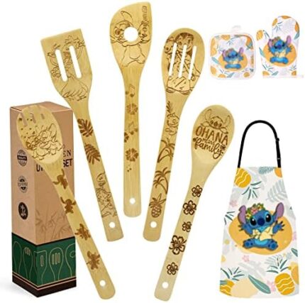 Mom Gift Set Women Christmas Gift Wooden Cooking Spoons Bamboo Kitchen Cooking Utensils Set with Apron Oven Mitt Potholder Set - Great Mothers Day Gifts Birthday Housewarming Wedding Present