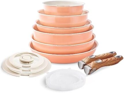 Nonstick Cookware Set - 13 PCS Stackable Pots and Pans Set Detachable Handle Camping Cookware, Granite Kitchen Cookware Sets Removable Handle, Non Toxic Nonstick Frying Pans for Cooking Set Gift Coral