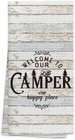OHSUL Welcome to Our Camper Our Happy Place Camping Kitchen Towels Dish Towels Dishcloth,Funny Camping Hand Towels Tea Towel for Bathroom Kitchen RV Camper Trailer Decor,Campers Camping Lovers Gift