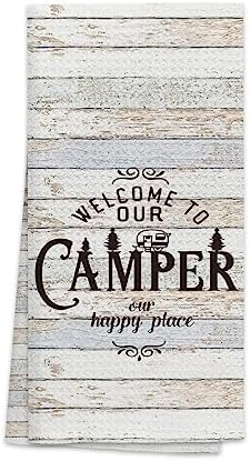 OHSUL Welcome to Our Camper Our Happy Place Camping Kitchen Towels Dish Towels Dishcloth,Funny Camping Hand Towels Tea Towel for Bathroom Kitchen RV Camper Trailer Decor,Campers Camping Lovers Gift