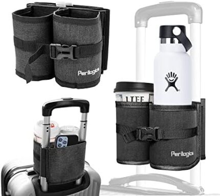 Perilogics Luggage Travel Cup Holder to Free Your Hands While on The Move. Perfect Travel Accessory Gift for Frequent Traveler, Flight Attendant or with Children (Dark Gray)