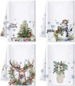 Preboun 4 Pack Christmas Kitchen Towels Set 17 x 26'' Absorbent Xmas Dish Towel Christmas Tree Snowflake Snowman Bath Towel Decorative Winter Watercolor Reindeer Towel for Housewarming Bathroom Supply
