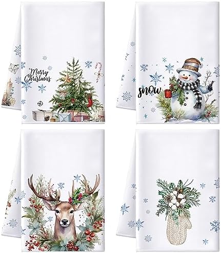 Preboun 4 Pack Christmas Kitchen Towels Set 17 x 26'' Absorbent Xmas Dish Towel Christmas Tree Snowflake Snowman Bath Towel Decorative Winter Watercolor Reindeer Towel for Housewarming Bathroom Supply