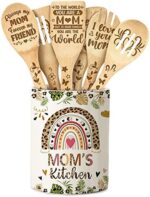 Rabbitable Gifts for Mom, Ceramic Utensil Holder for Cooking with Wooden Spoons Mothers Day Gifts for Mom, Mom Mothers Day Gift Cooking Tools Kitchen Utensils Set with Wooden Spoons for 6