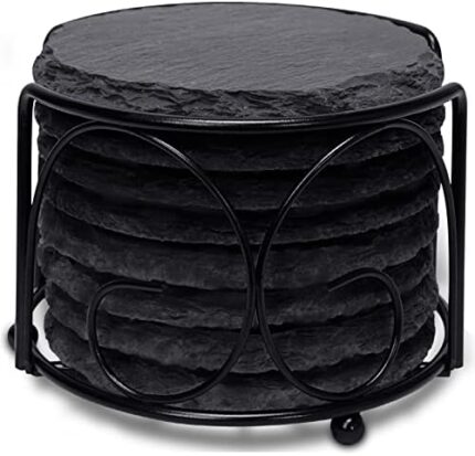 Slate Drink Coasters with Metal Holder, GOH DODD 4 Inch 8 Pieces Black Stone Coasters Bulk Cup Coaster Set for Bar Kitchen Home Apartment, Round