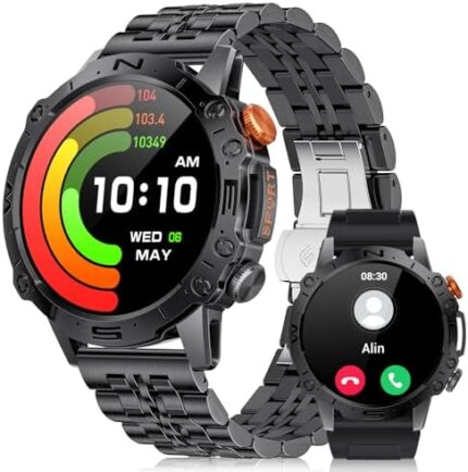 Smart Watches for Men, 1.43" AMOLED Smart Watch with Bluetooth Voice Call with Heart Rate SpO2 Blood Pressure Sleep Monitor, IP68 Waterproof Tactical Military Smartwatch for Android iOS, Black, 360mAh