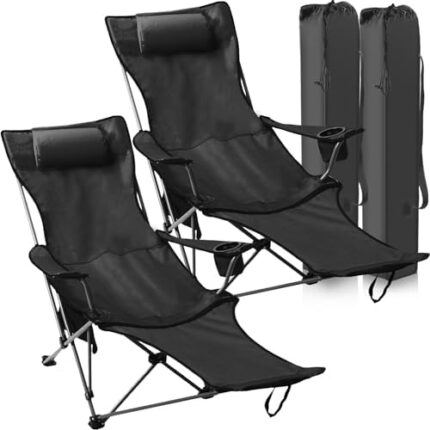 Soaoo 2 Pieces Portable Reclining Camping Chair Adjustable Folding Chairs with Footrest Headrest and Carry Bag Broadband Oxford Cloth Lawn Chair with Side Pocket and Cupholder, 330 lbs Weight Capacity