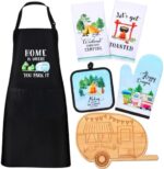Suhine 7 Pcs Camping Gifts with 2 Camping Kitchen Towels, Bamboo Camper Cutting Board, Kitchen Apron, Oven Mitt, 2 Camper Pot Holders Camping Accessories for RV Campers Kitchen Decorations