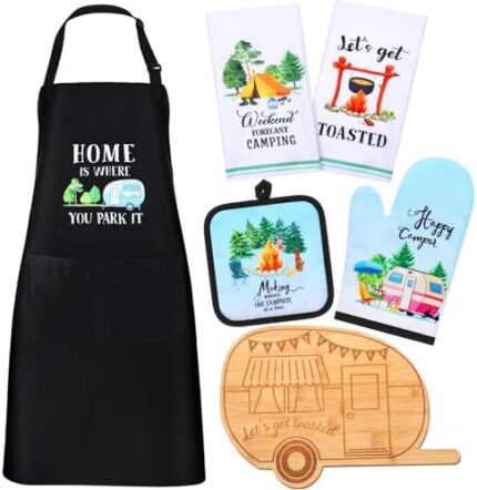 Suhine 7 Pcs Camping Gifts with 2 Camping Kitchen Towels, Bamboo Camper Cutting Board, Kitchen Apron, Oven Mitt, 2 Camper Pot Holders Camping Accessories for RV Campers Kitchen Decorations