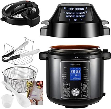 Transonic OPA160 Pressure Cooker Air Fryer Combo, 6 Quart 1500W Multi Cooker , All in 1 Pressure Cooker with Air Fryer Lid, Large LED Display, Black Metallic