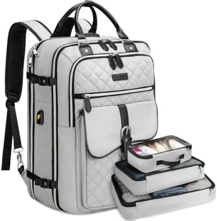 Travel Backpack for Women, Anti Theft Laptop Carry on Backpacks Fits 17 inch Computer with Lock & USB Charging Port, TSA Flight Approved Large 50L Weekender Duffel Bag with 3 Packing Cubes，Grey