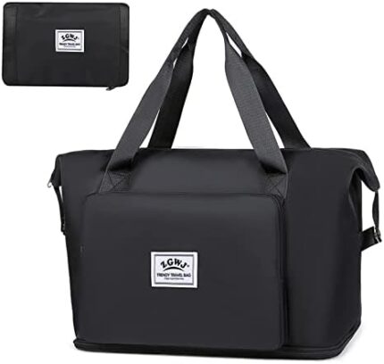 Travel Duffel Tote Bag,Waterproof Shoulder Weekender Bag For Women and Men Swim Sports Travel Gym Bag，Foldable and expandable bag Lightweight and easy Carry on Black