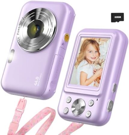 Upgraded Purple Digital Camera, FHD 1080P Digital Camera for Kids with 32GB Card, Vlogging Camera for Video Anti-Shake, Portable Point and Shoot Camera Fill Flash 16X Zoom, Mini Small Camera