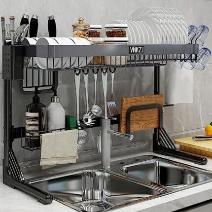 VNKZI Over Sink Dish Drying Rack, 2 Tier Stainless Steel Storage Adjustable Length (25.98''~36.61'') Kitchen Rack, Multifunctional Expandable Counter Organizer Shelf, Space Saver Dish Rack