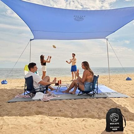 WEKAPO Beach Tent Sun Shelter - 11 x 11 FT Beach Canopy with 4 Lengthened Poles, Large Sandbags and Shovel, 7'8'' Tall, Beach Sun Shade for Family Vacation and Camping, UPF 50+ Protection…