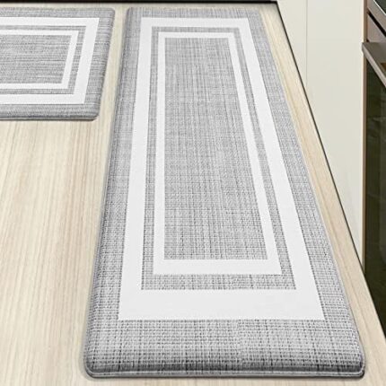 WEZVIX Anti Fatigue Kitchen Floor Mat 2 PCS, 1/2 Inch Thick Comfort Cushioned Standing Mat Set, Non Skid Kitchen Rugs and Mats Waterproof PVC Memory Kitchen Mats for Floor Sink Office Laundry, White