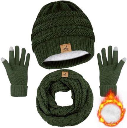 Winter Beanie Hat Scarf Gloves, Warm Fleece Knit Winter Hats Touch Screen Gloves Neck Scarf Set Winter Gifts for Women Men